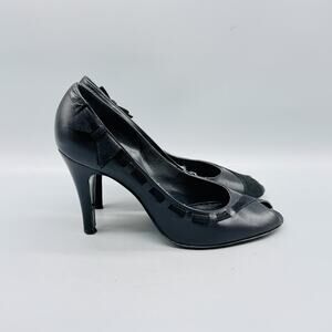 Marc Jacobs Shoes Womens 7.5 Black Leather Peep Toe Pumps Bow Stiletto Heels